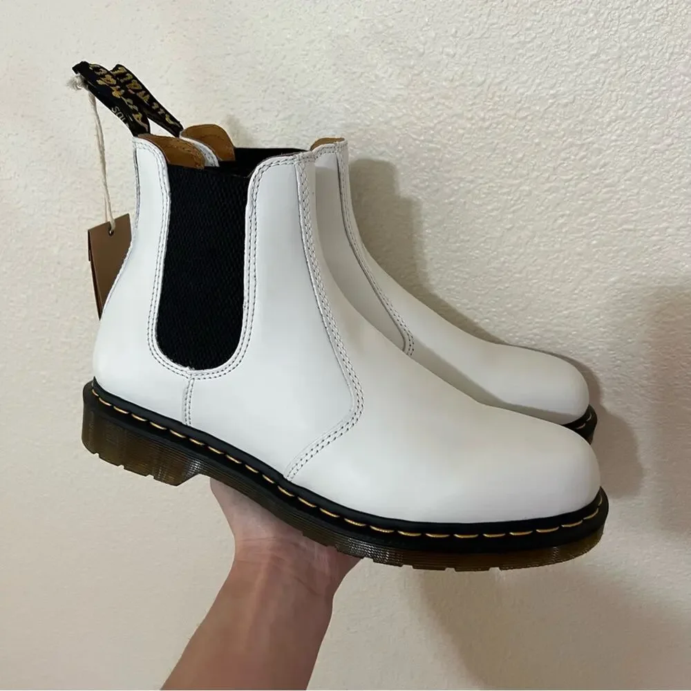Dr. Martens 2976 YS Yellow Stitch Smooth Leather Chelsea Boots in White NEW 11